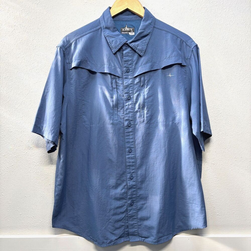 Habit Men's Vented Blue Short Sleeve Button Up Shirt Sz L SPF 30+ Outdoor